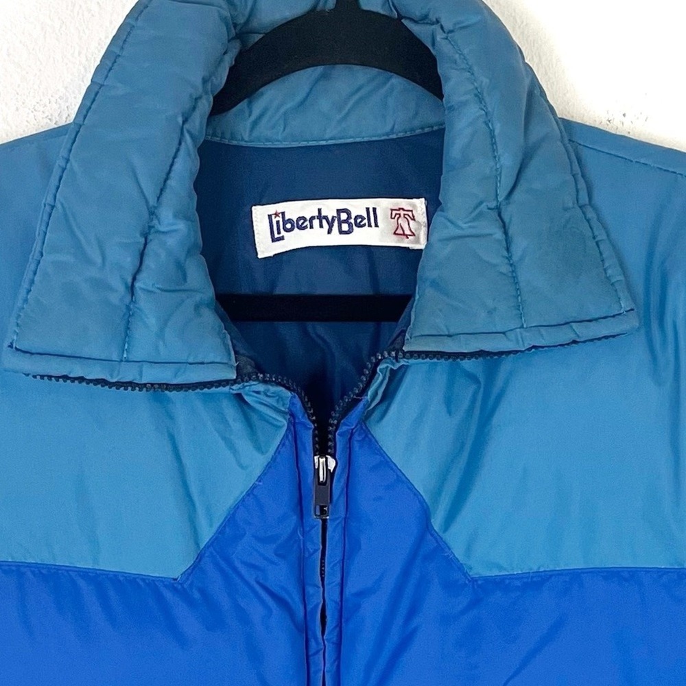 Vintage Down Jacket Coat Puffer L Blue Unisex Color Block Winter Ski Retro 90s - Picture 8 of 9